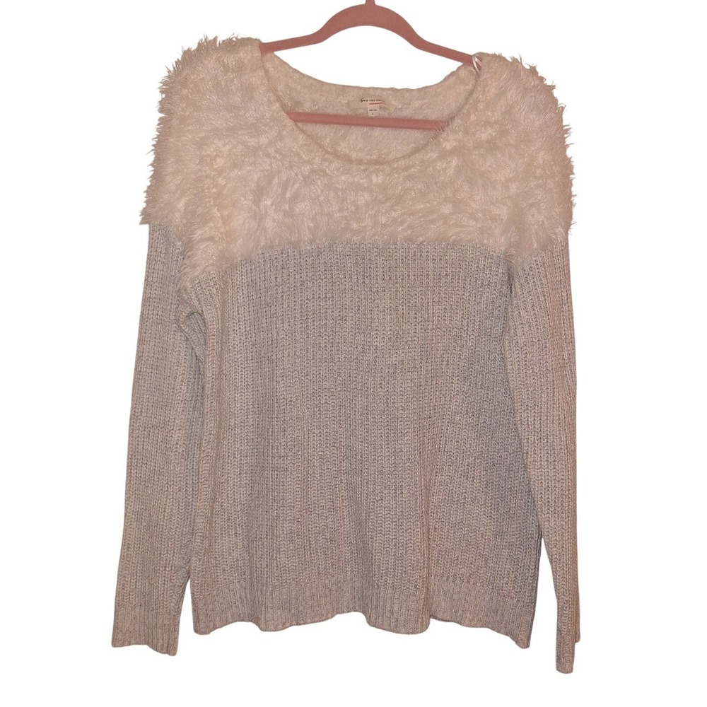 Turo by Vince Camuto Size Large White and Gray Knit Sweater Crew Neck Eyelash‎